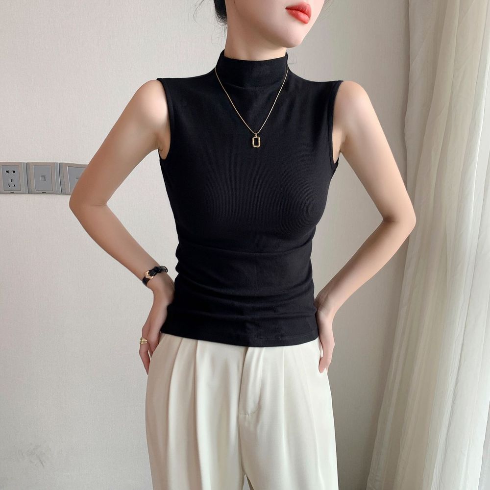 Women's Black Half Turtleneck Vest Bottoming Shirt